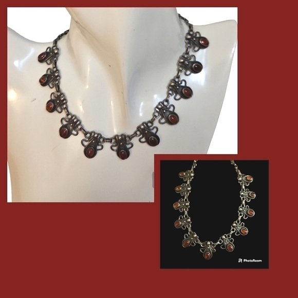 VTG Sterling Silver Red Gemstone Teardrop Colonial Goth Chain Necklace - Picture 1 of 8